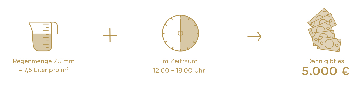 Bei einer Regenmenge von 7,5 Liter pro m² am Hochzeitstag gibts 5.000 Euro in Bar.